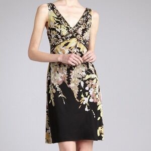 Elie Tahari Black V-Neck Satin Lined Dress with Floral Print M